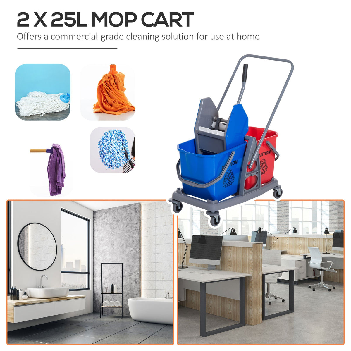 Cleaning Trolley 2 Buckets 4 Wheels Metal/PP Blue/Red