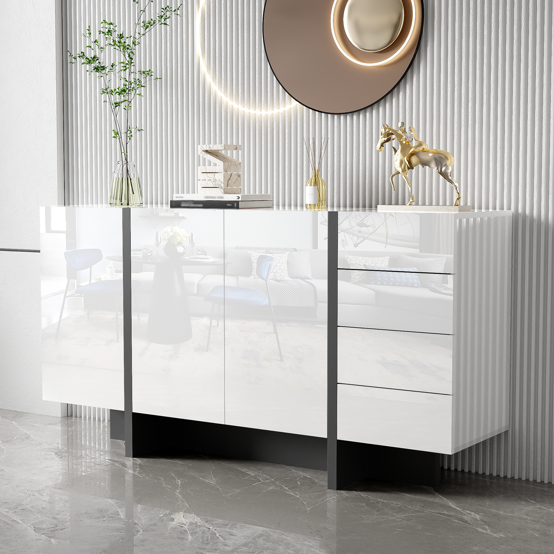 Sideboard, 2-Door 4-Drawer Modern, White High-Gloss