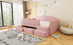 Upholstered Sofa Bed with Two Drawers, Railings and Steps, 90x190cm, Pink Velvet