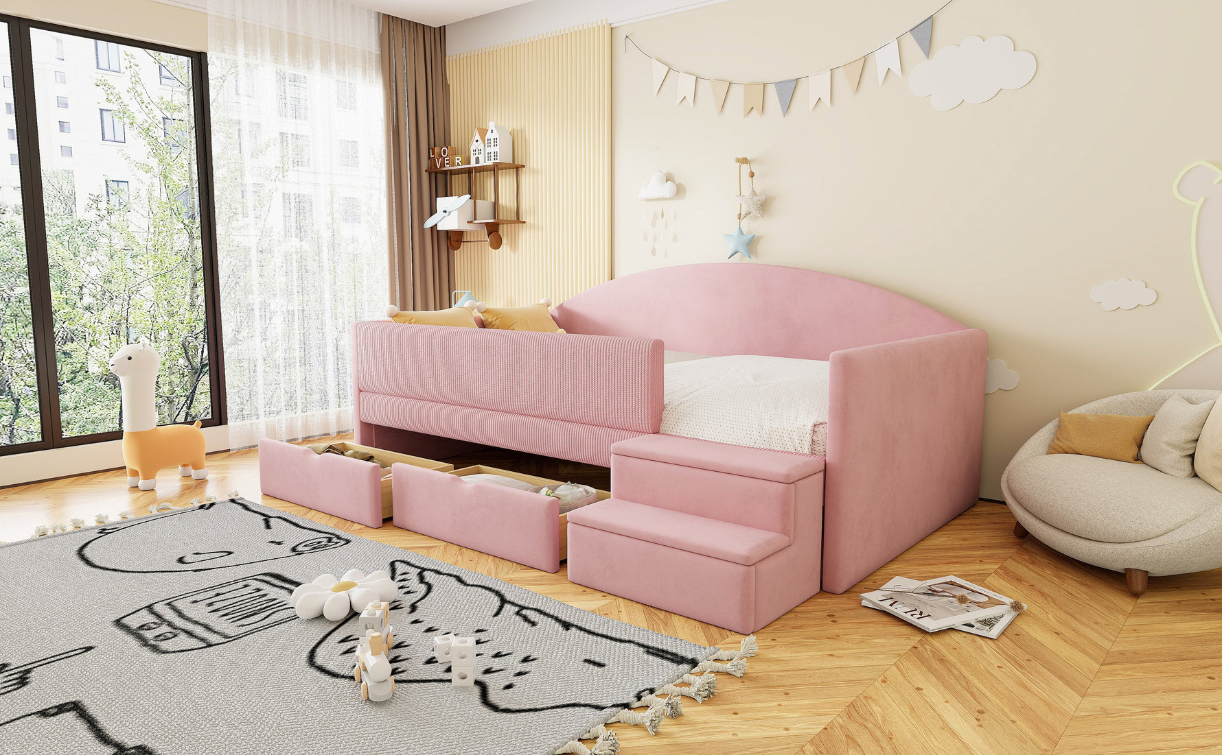 Upholstered Sofa Bed with Two Drawers, Railings and Steps, 90x190cm, Pink Velvet