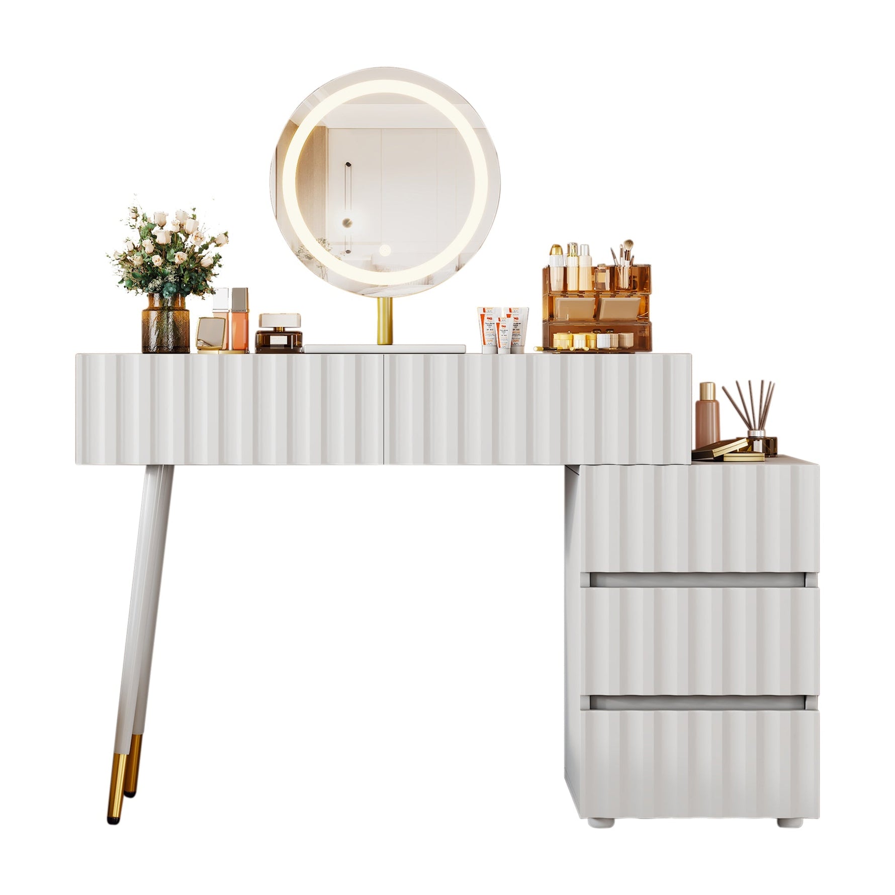 Dressing table with LED mirror and lighting, 5 spacious drawers, white