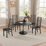 Modern Round Dining Table, Patchwork Black Wood Grain Top, Metal Base
