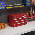 DURHAND empty tool case with 3 drawers and upper storage compartment, steel, red
