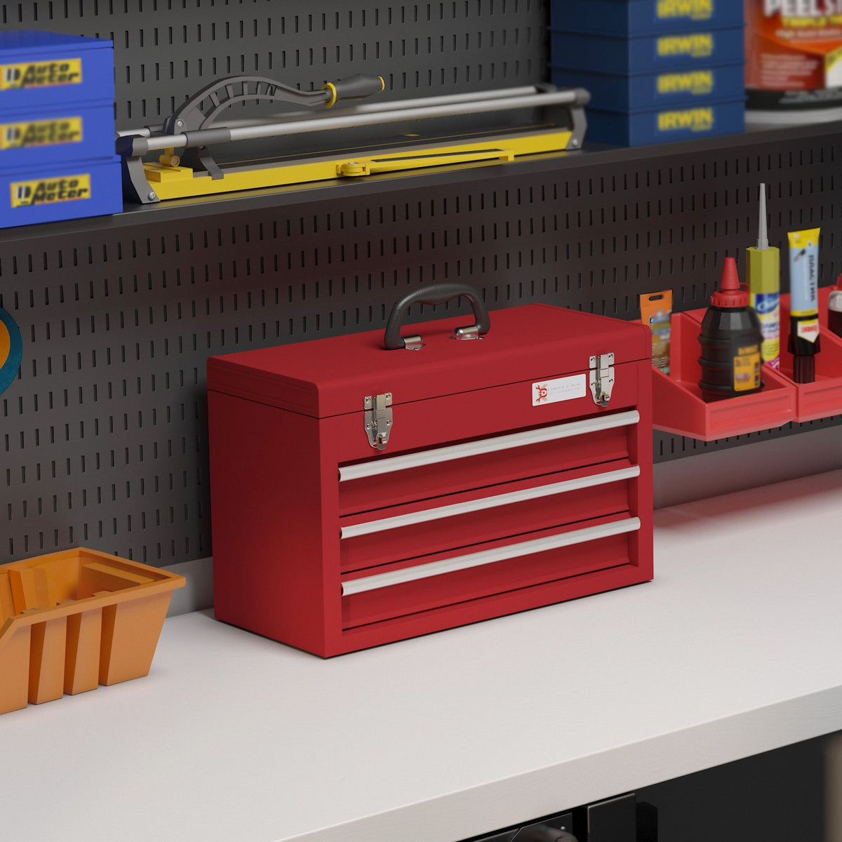 DURHAND empty tool case with 3 drawers and upper storage compartment, steel, red