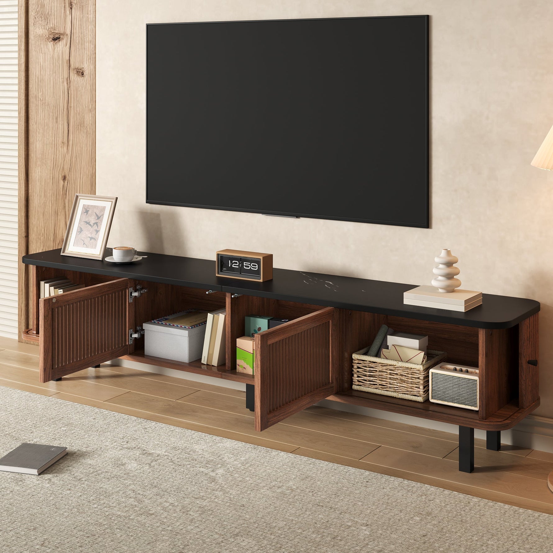 Modern Low TV Cabinet 190cm with Sliding & Mesh Doors