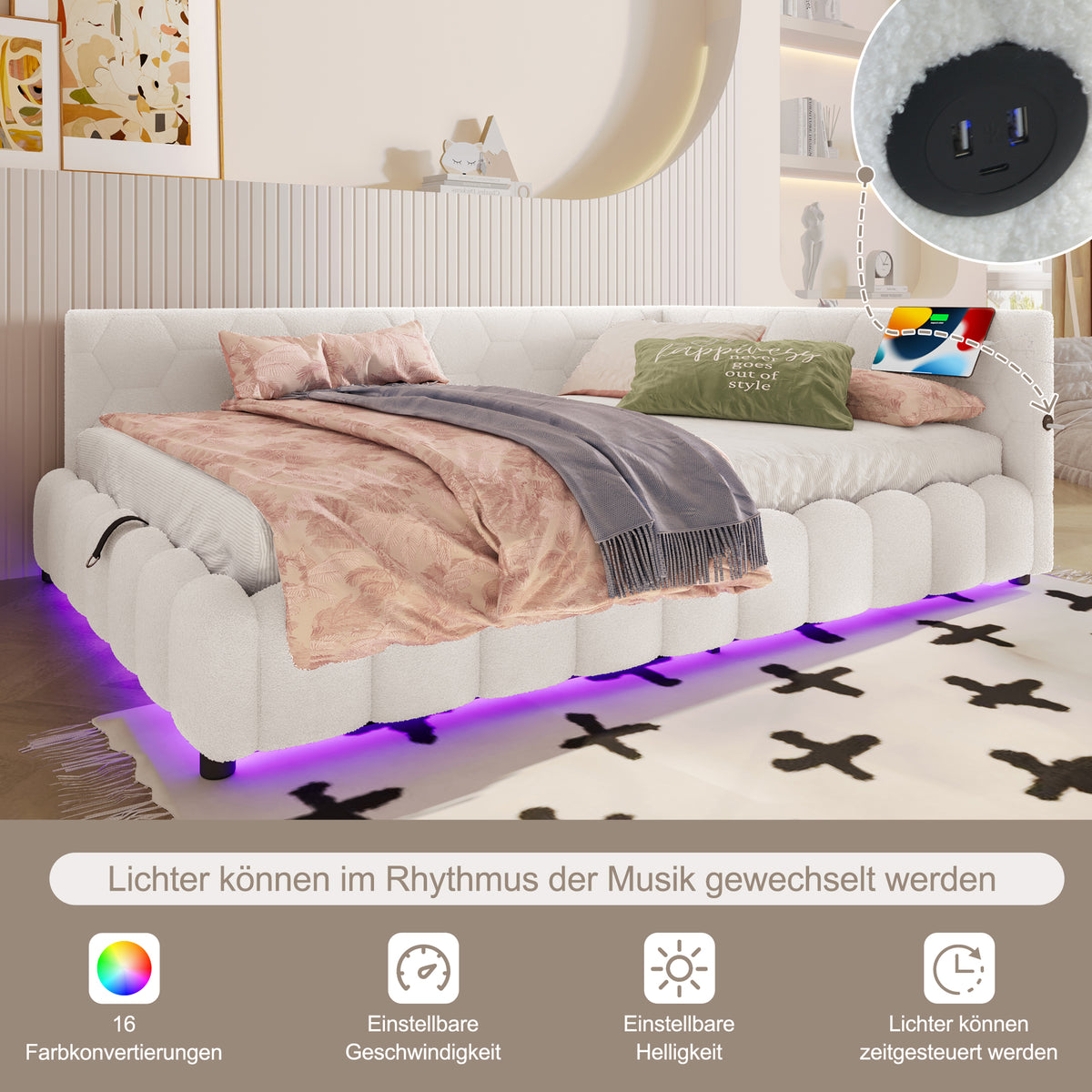 Daybed 90x200cm LED Hydraulic Storage USB White Imitation Fleece
