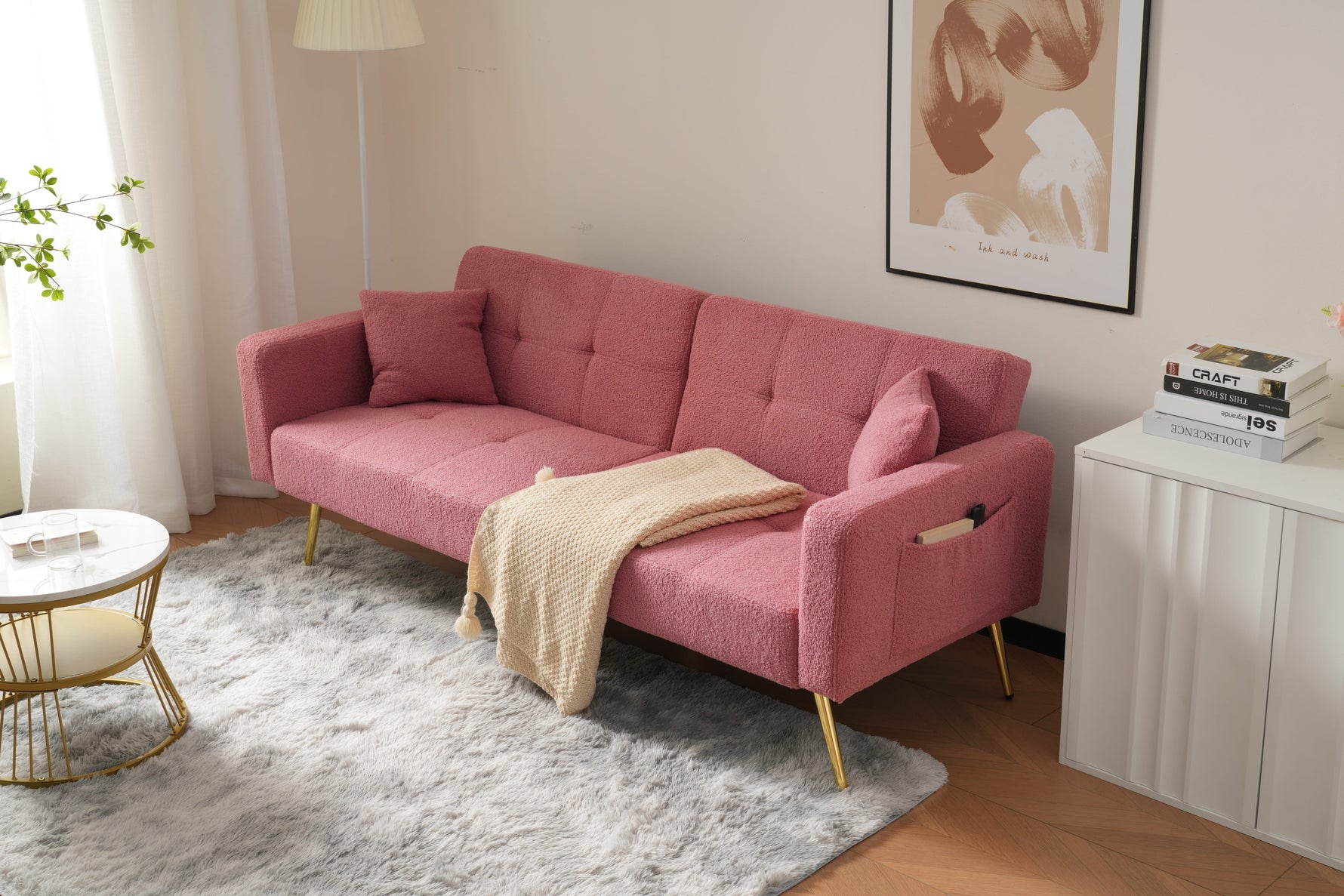 Sofa Bed Adjustable Angle Cushions Storage Pockets Gold Metal Legs