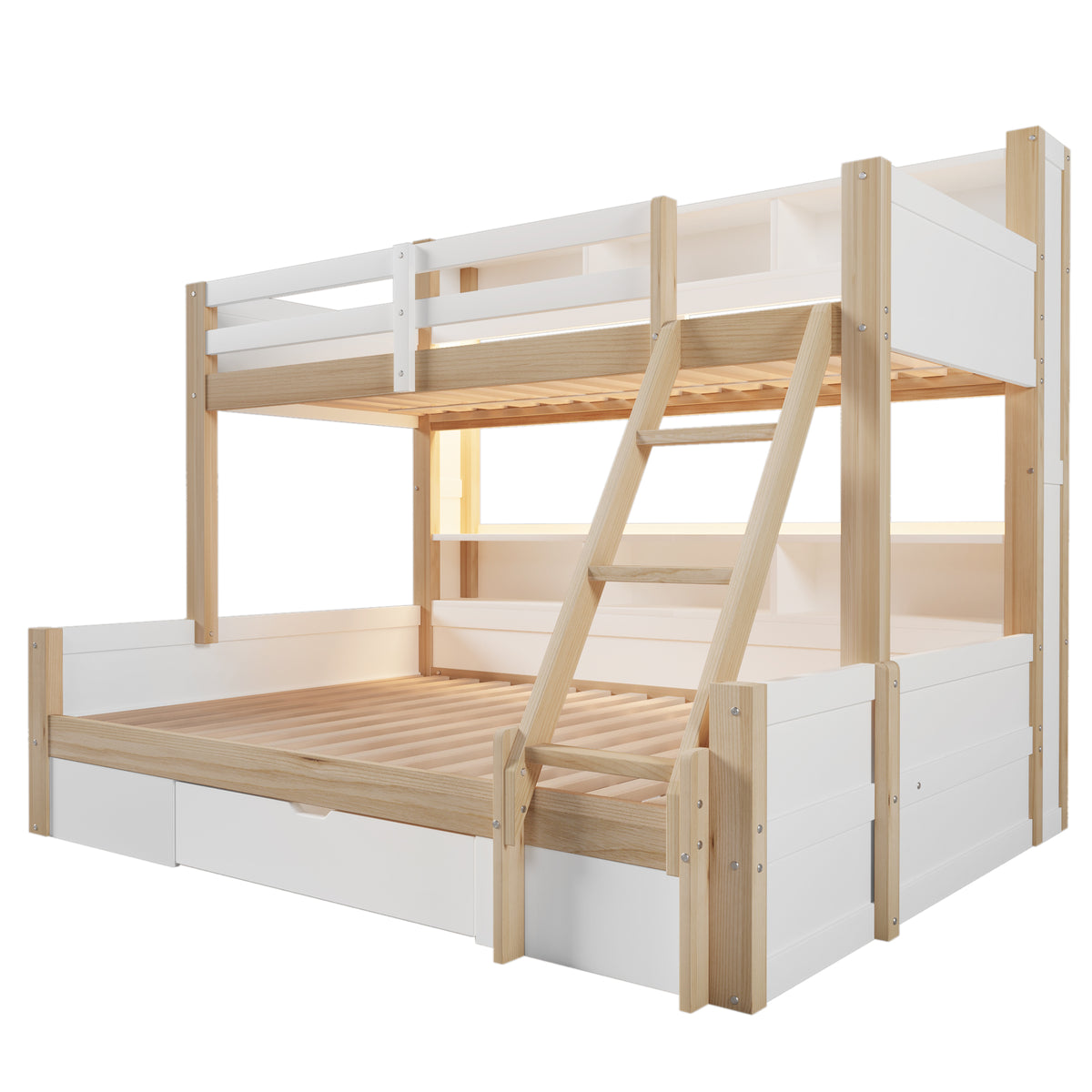 Bunk Bed 90x200 & 140x200 with Storage & LED, White + Natural