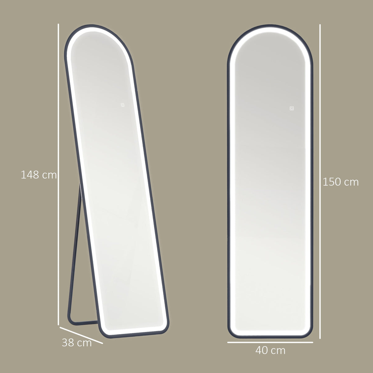 Full-Length Mirror, 150 x 40 cm LED Lighting, 3 Light Colors, Black