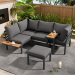 Garden Furniture Set with Sofa and Multi-functional Tables, Galvanized Steel and Wood-look Plastic, Grey and Black