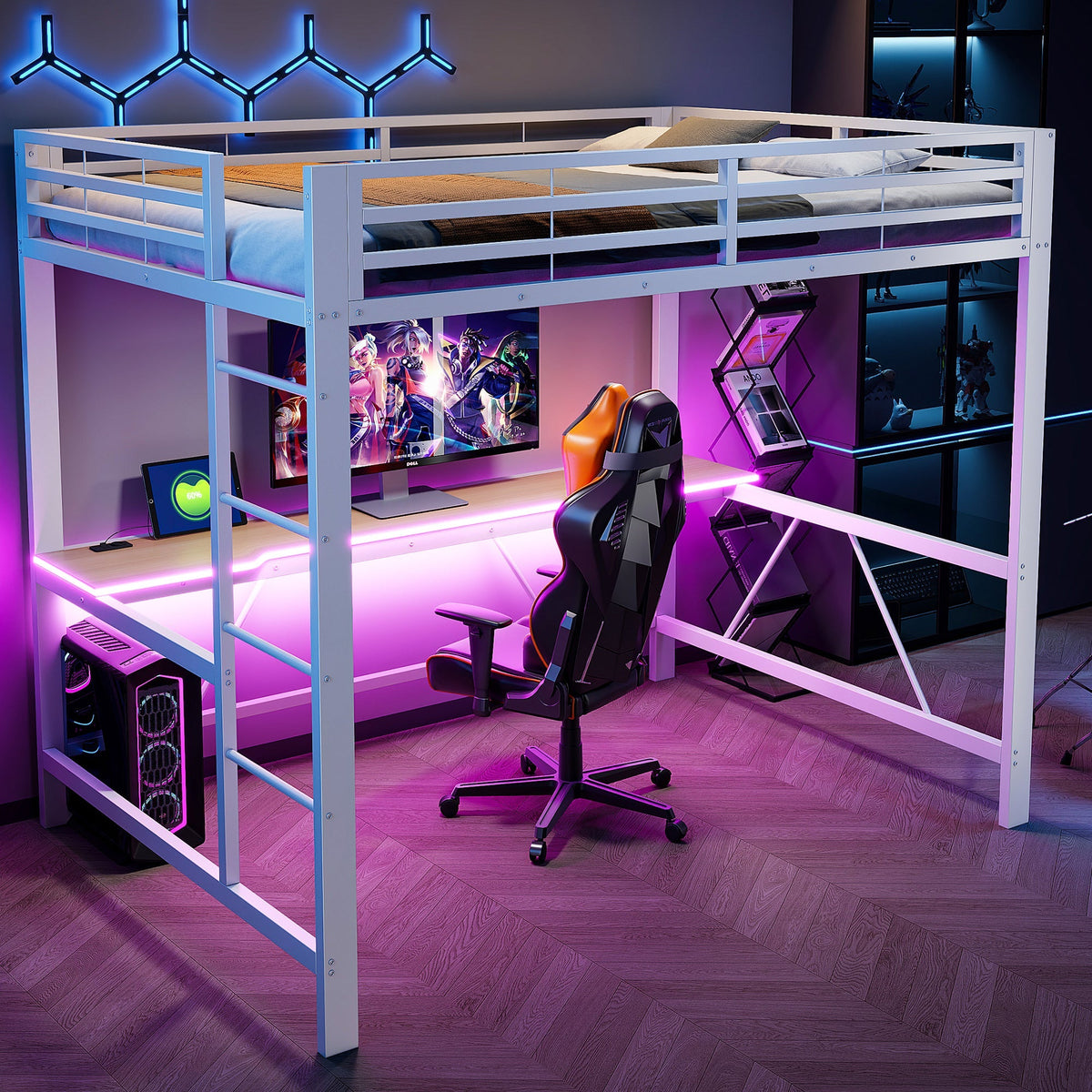 Gaming Metal Loft Bed Frame with LED Lighting, USB Charging Station and Desk, White