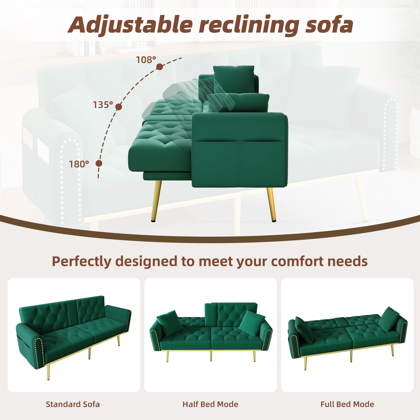 Double Fold-out Sofa Bed Reclining 3-Angle Cup Holders - Fabric Green