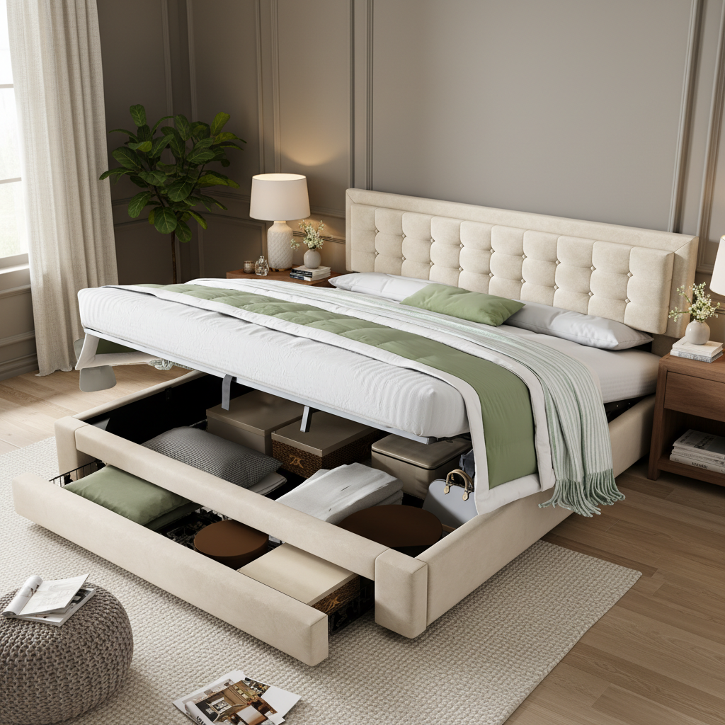 Upholstered Double Bed 160x200cm Storage Box Drawers Slatted Frame - Velvet Beige