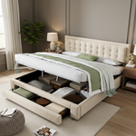 Upholstered Double Bed 160x200cm Storage Box Drawers Slatted Frame - Velvet Beige