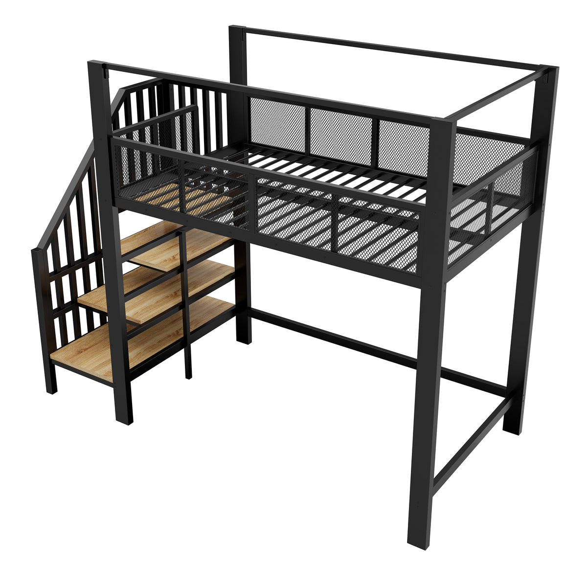 Metal Loft Bed 90x200cm with Canopy, Desk & Storage Steps, Black