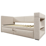 Upholstered Daybed 90x200cm with Trundle & USB, Beige Linen Blend