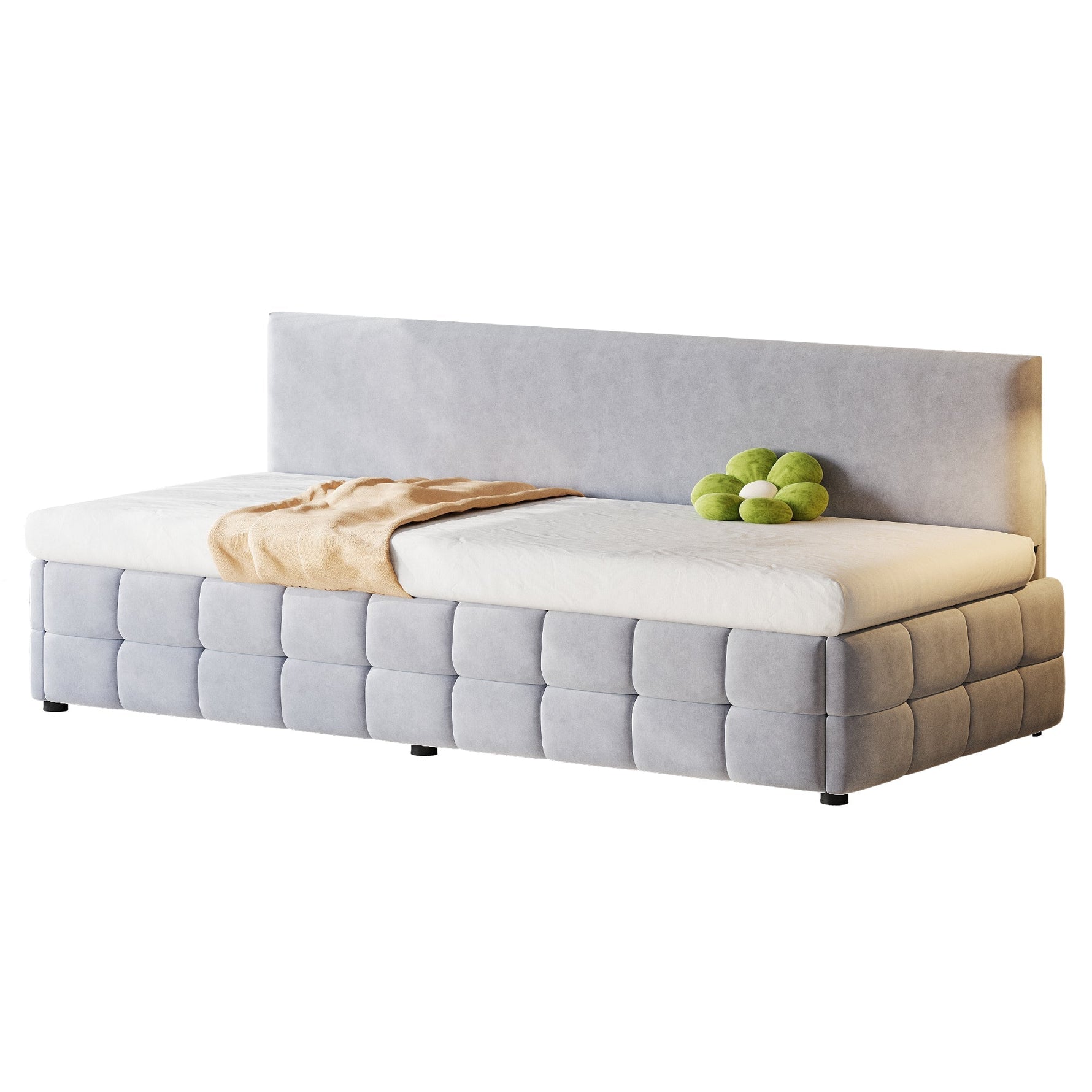 Upholstered Sofa Bed 90x200cm Hydraulic Storage Classic Check Pattern Light Grey Velvet