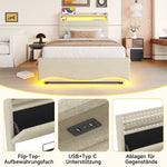 Upholstered Bed with LED Lighting, Hydraulic Storage, and USB Ports, Beige Linen Fabric
