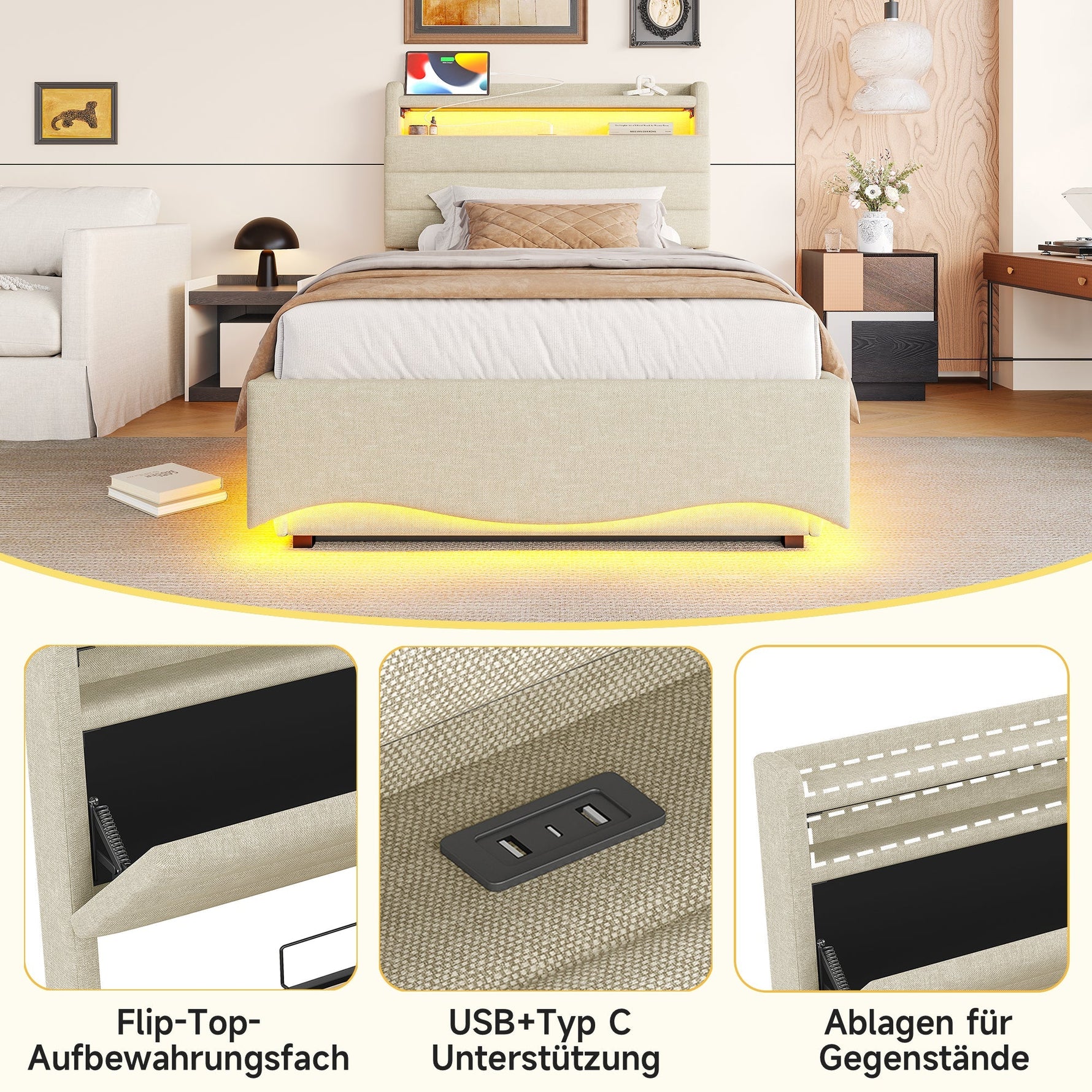 Upholstered Bed with LED Lighting, Hydraulic Storage, and USB Ports, Beige Linen Fabric