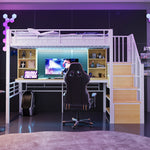 Loft Bed with Desk, Shelf, LED Lighting and Storage Stairs, 90x200cm, White Iron Frame