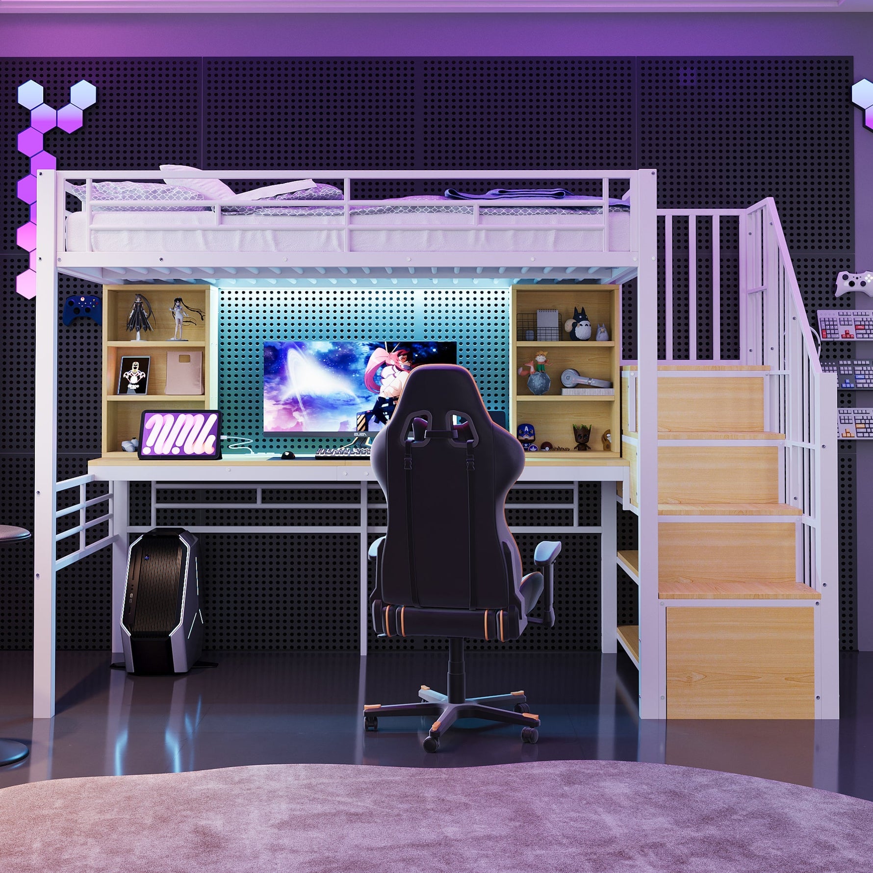Loft Bed with Desk, Shelf, LED Lighting and Storage Stairs, 90x200cm, White Iron Frame