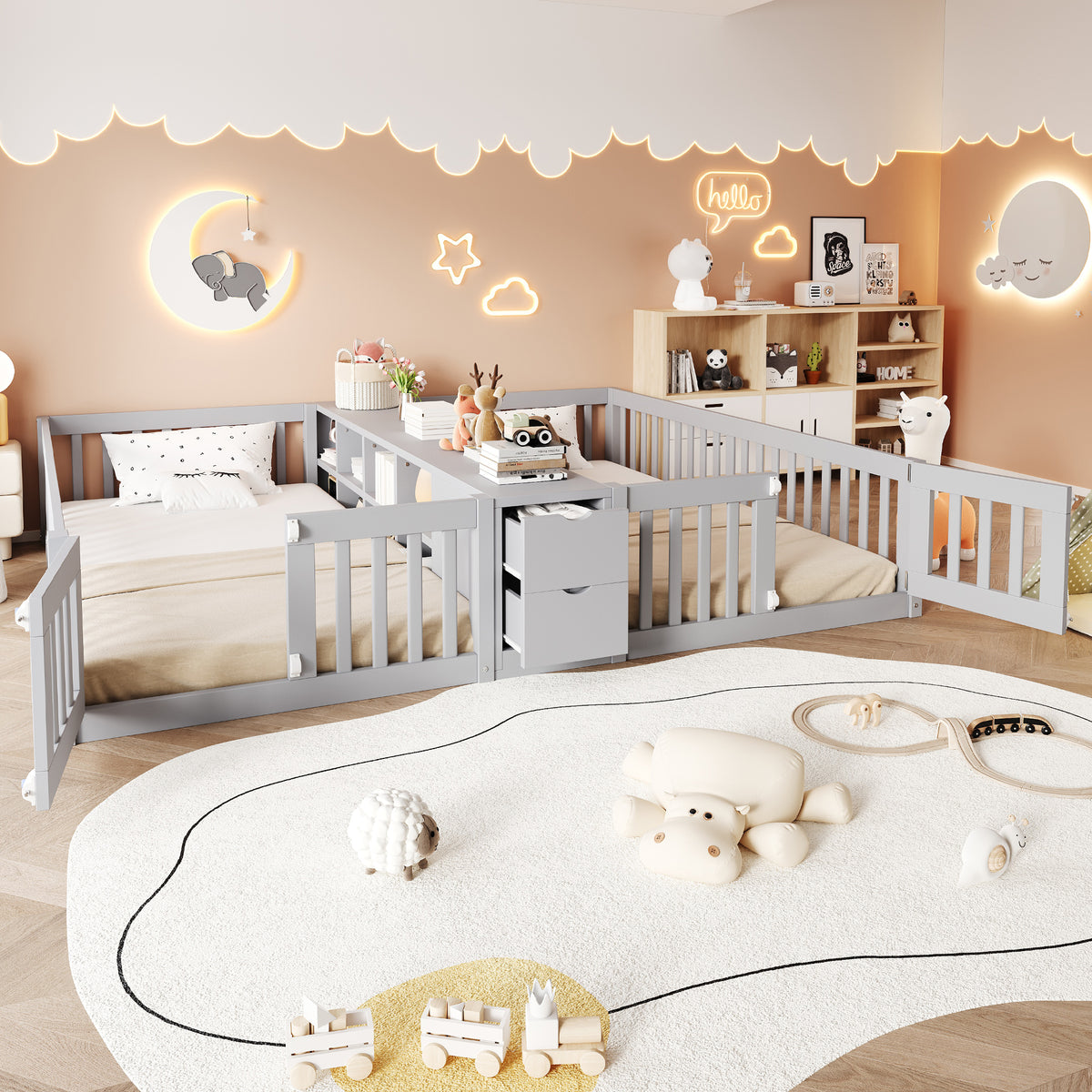 Kids Wooden Bed 90x200cm with Drawer & Safety Rail, Grey