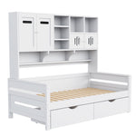 Wooden Sofa Bed, 90x200cm Multifunctional with Large Drawer & Slatted Frame, White