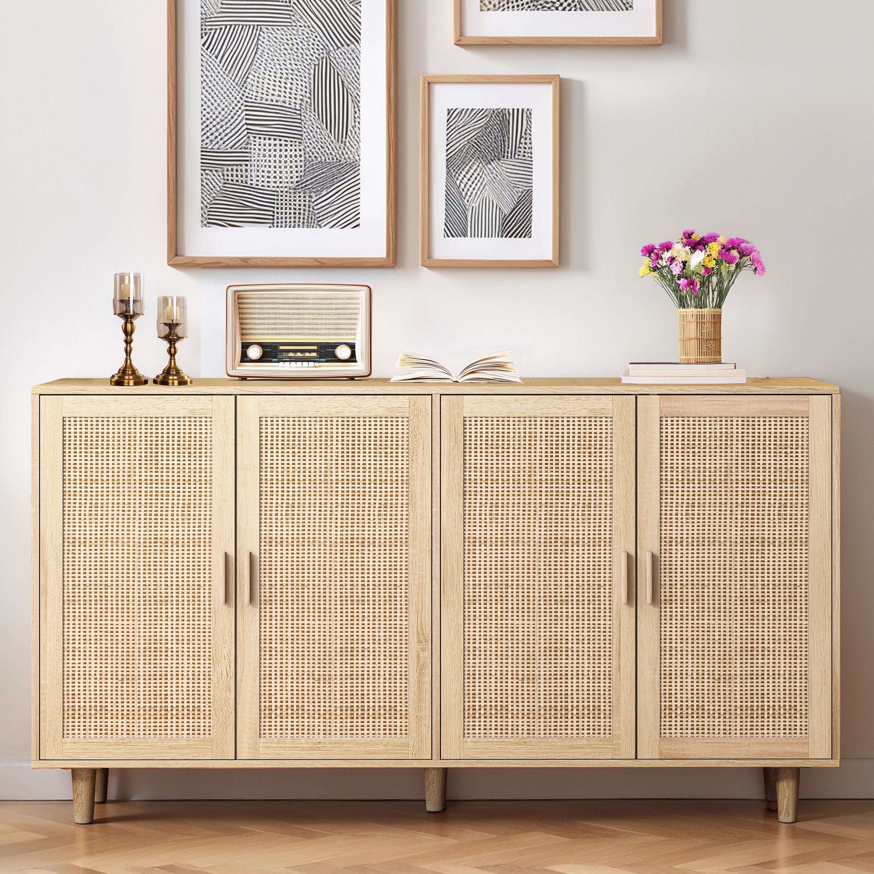 Rattan Decorative Storage Cabinet, 158CM 4-Door, Natural