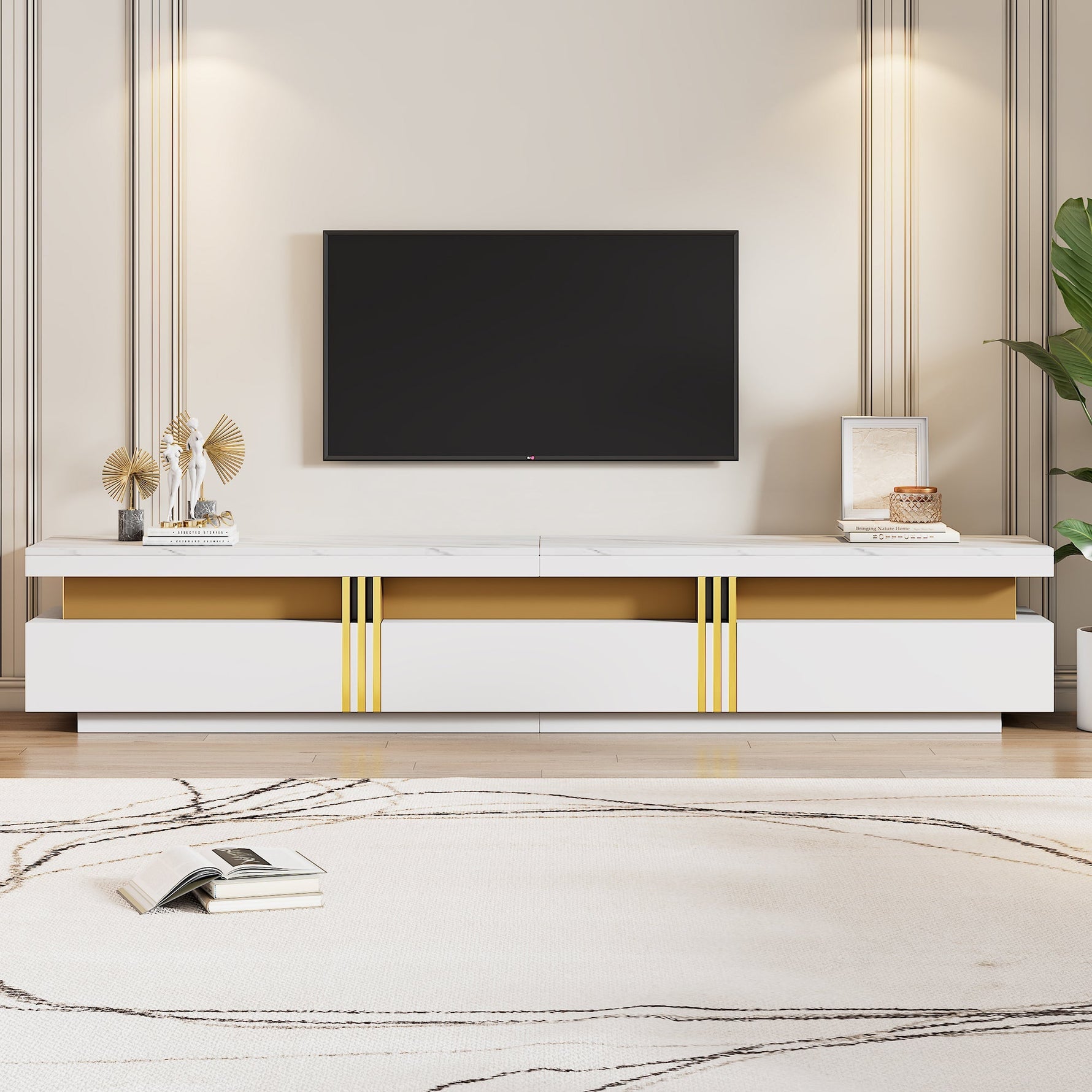 Lowboard TV Cabinet Modern 200cm 3 Drawers Cable Management - Marble Look