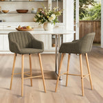 Modern European Bar Stools with High Backrest and Armrests, Set of 2, Beige Linen
