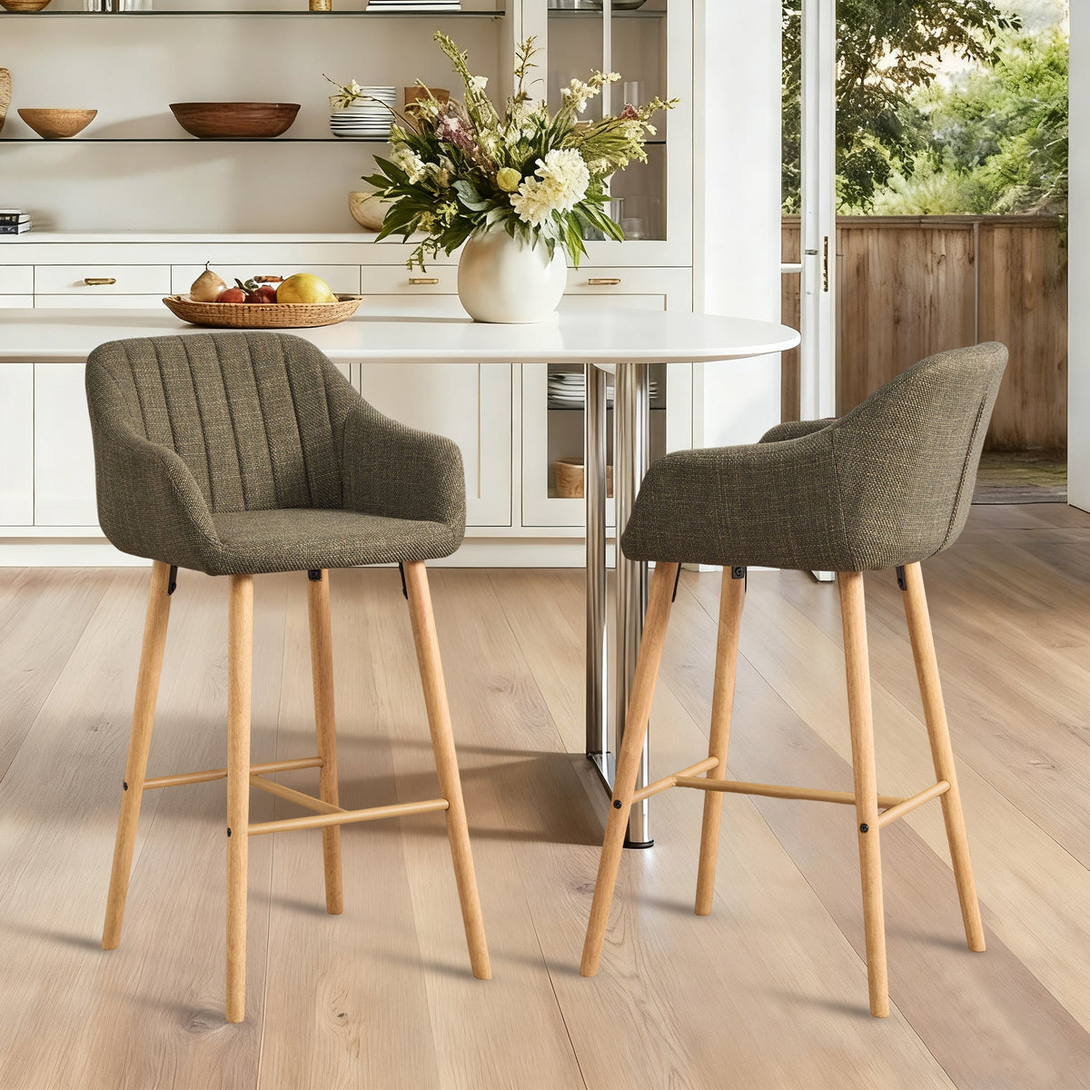 Modern European Bar Stools with High Backrest and Armrests, Set of 2, Beige Linen