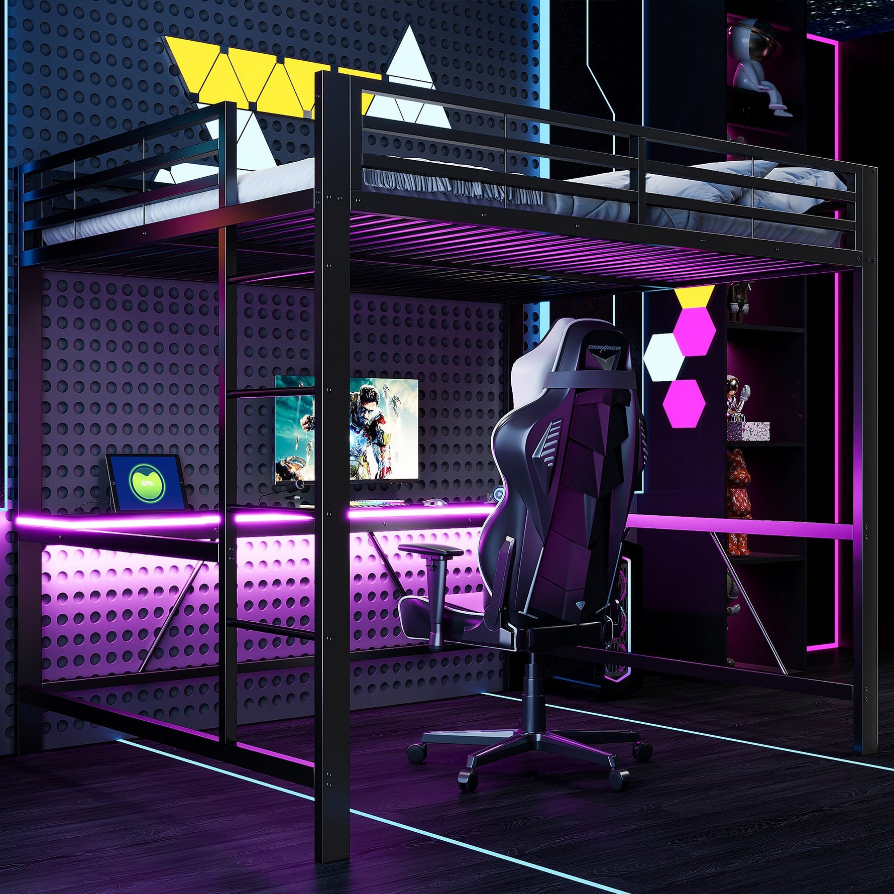 Gaming Metal Loft Bed Frame with LED Lighting, USB Station and Desk, 160x200, Black