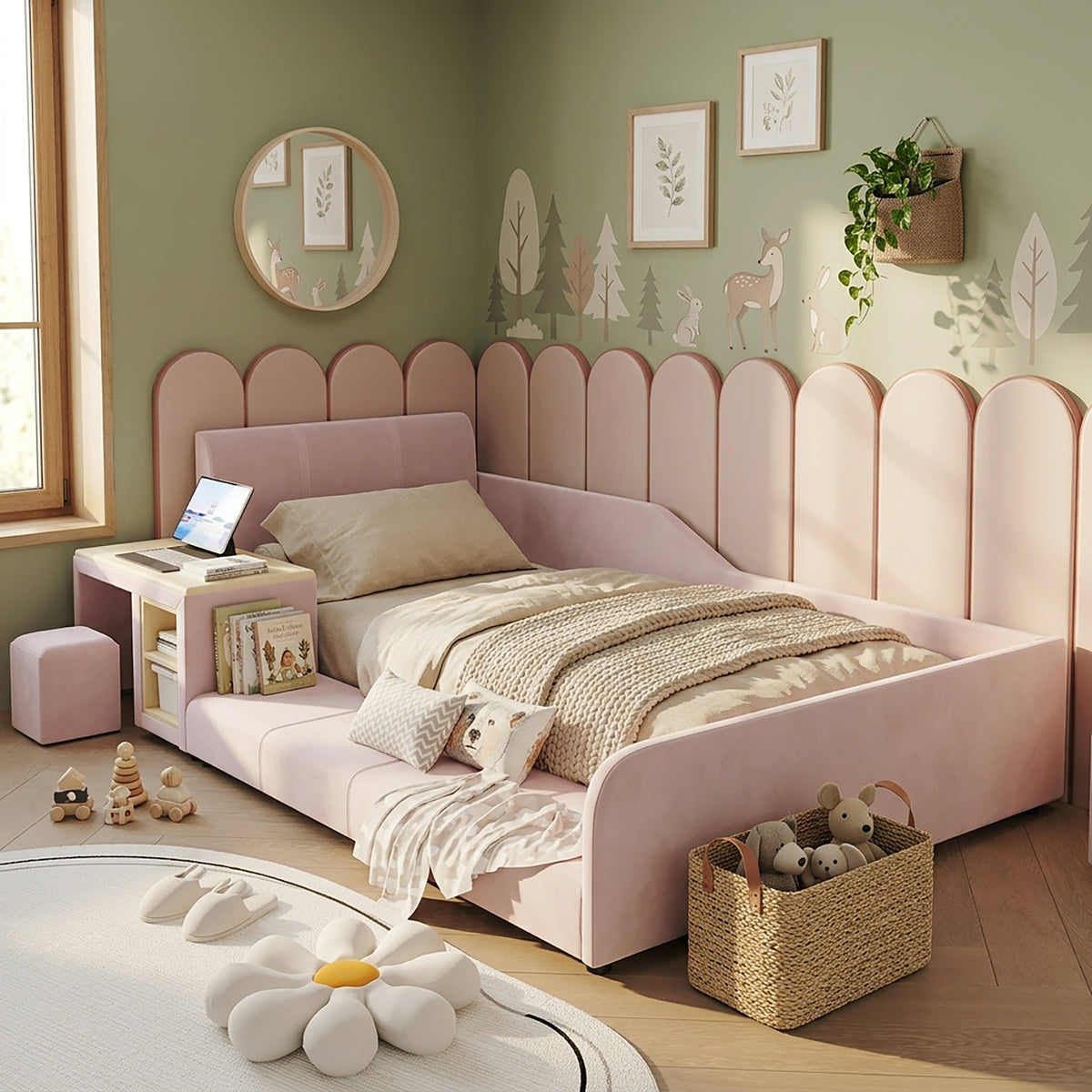 Upholstered Kids Bed Set with Desk & Stool, 90x200cm - Pink Velvet