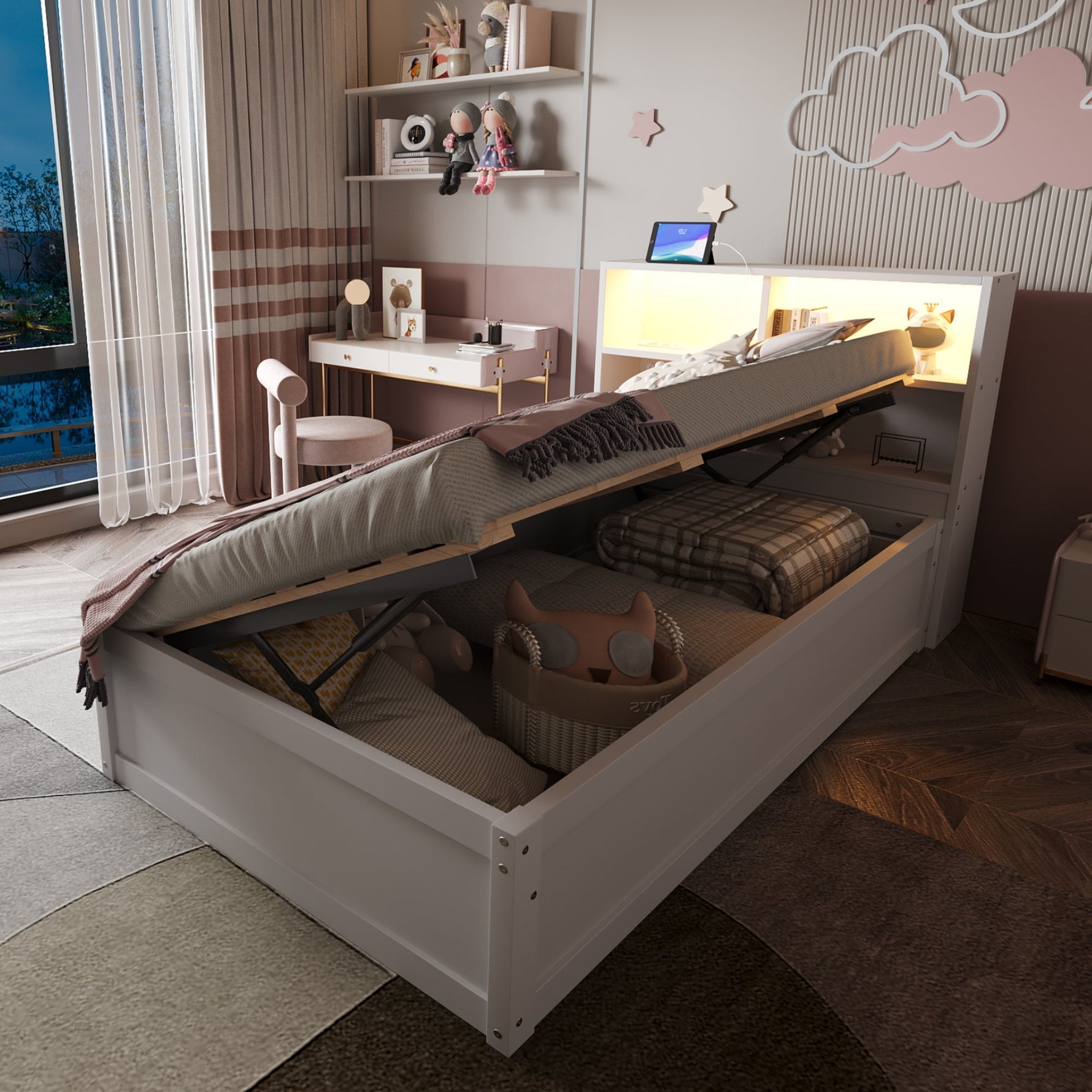 Sofa Bed 90*200, Hydraulic with Storage & Light Bar, White Wood