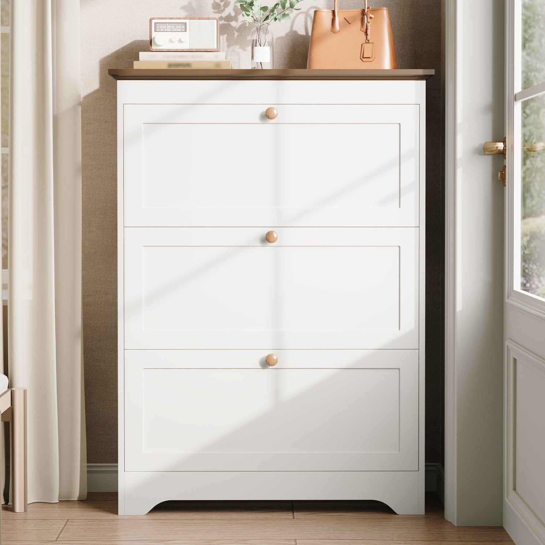 Shoe Cabinet with 3 Doors and Large Capacity, White Wood Look
