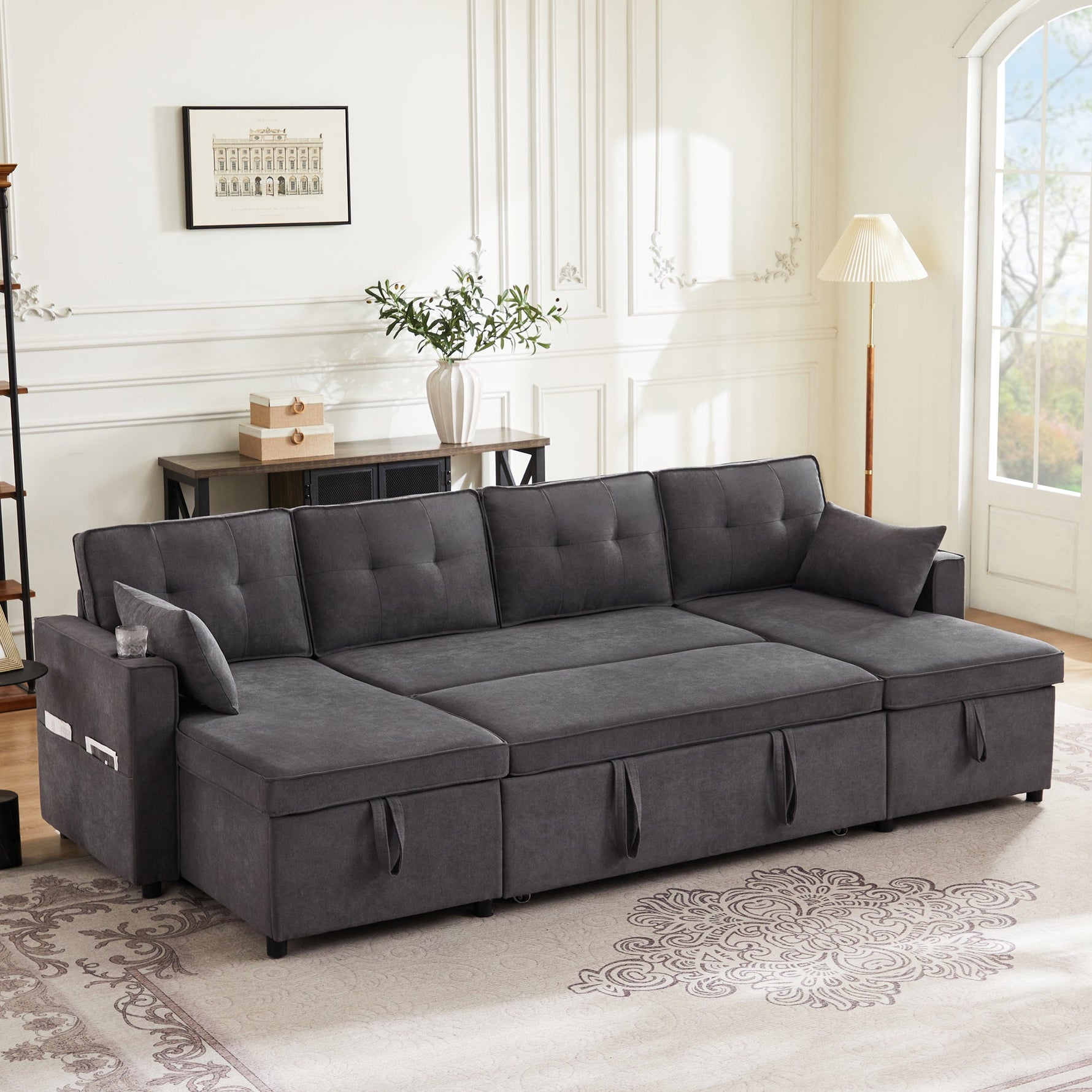 Sleeper Sofa U-Shaped with Storage & Cup Holders, Cotton and Linen Fabric