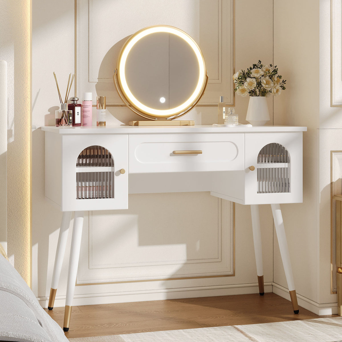 LED Dressing Table with Mirror, 1 Drawer & 2 Doors, White