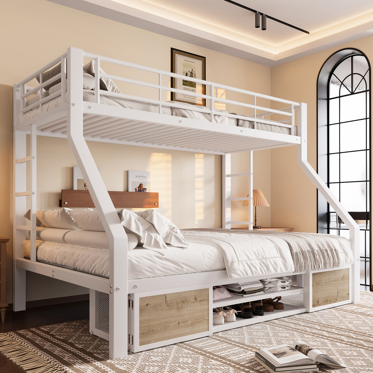 Children's Bunk Bed with Storage & Shoe Cabinet, White