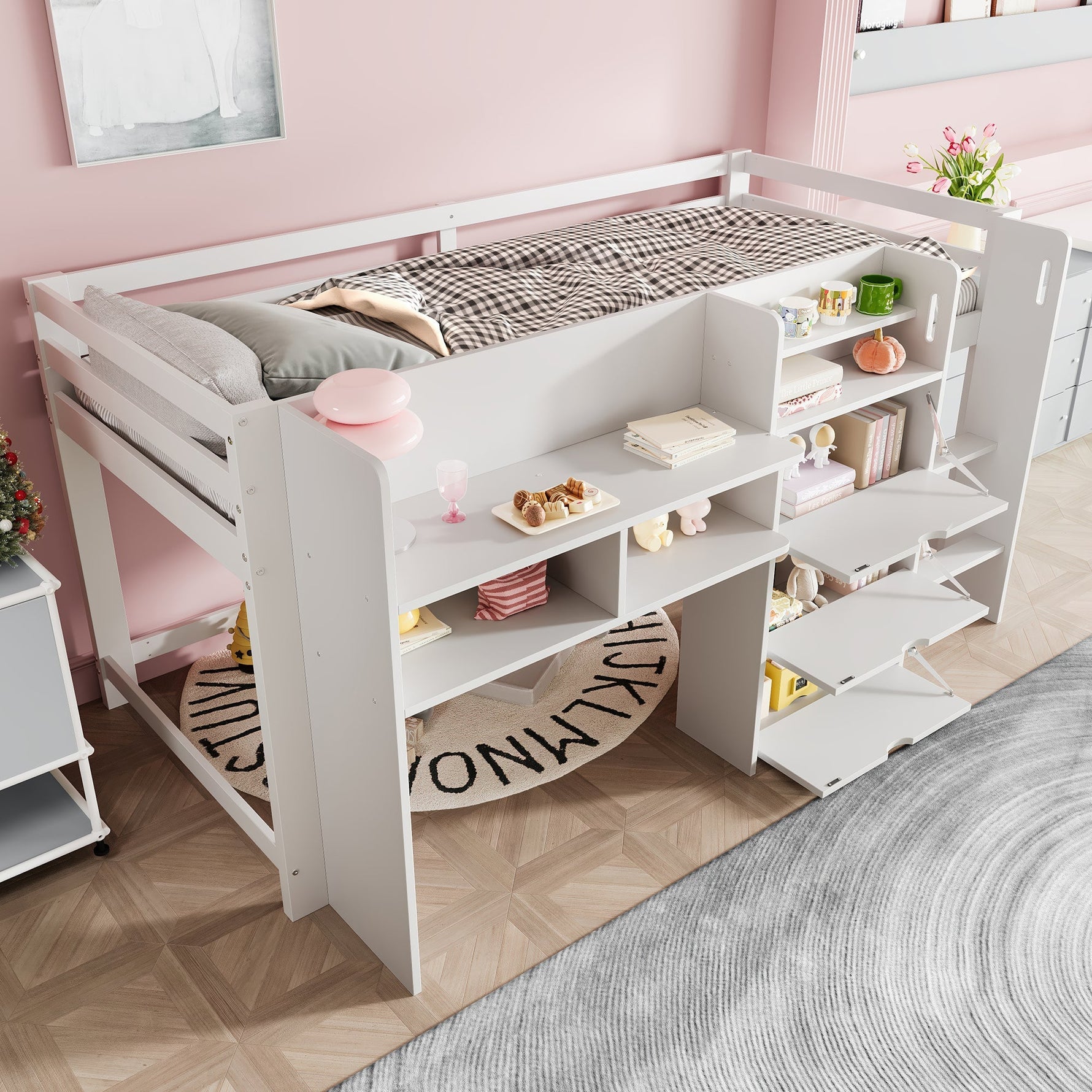 Mid-height Bed 90x200cm House Shape Storage Entertainment Area, White