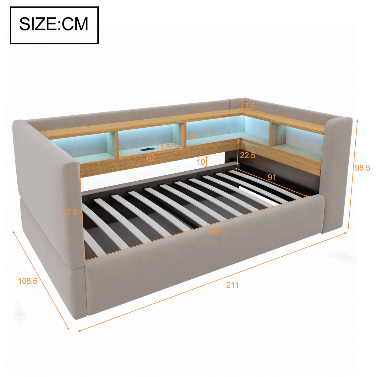 Hydraulic Sleeper Sofa Bed 90x190cm with LED & Storage, Dark Grey