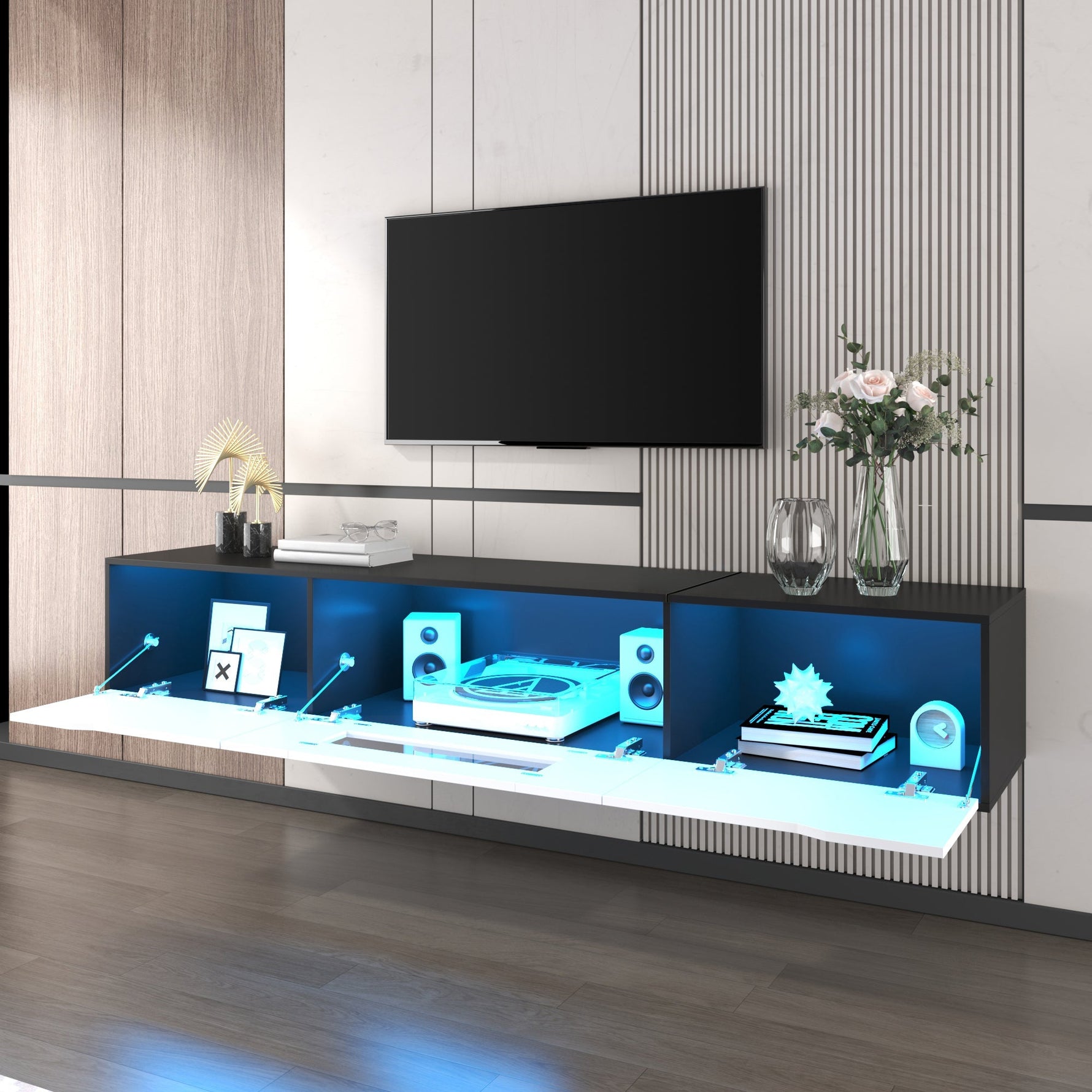 TV Cabinet High-Gloss 180cm Wall-Mounted LED USB - Black/White
