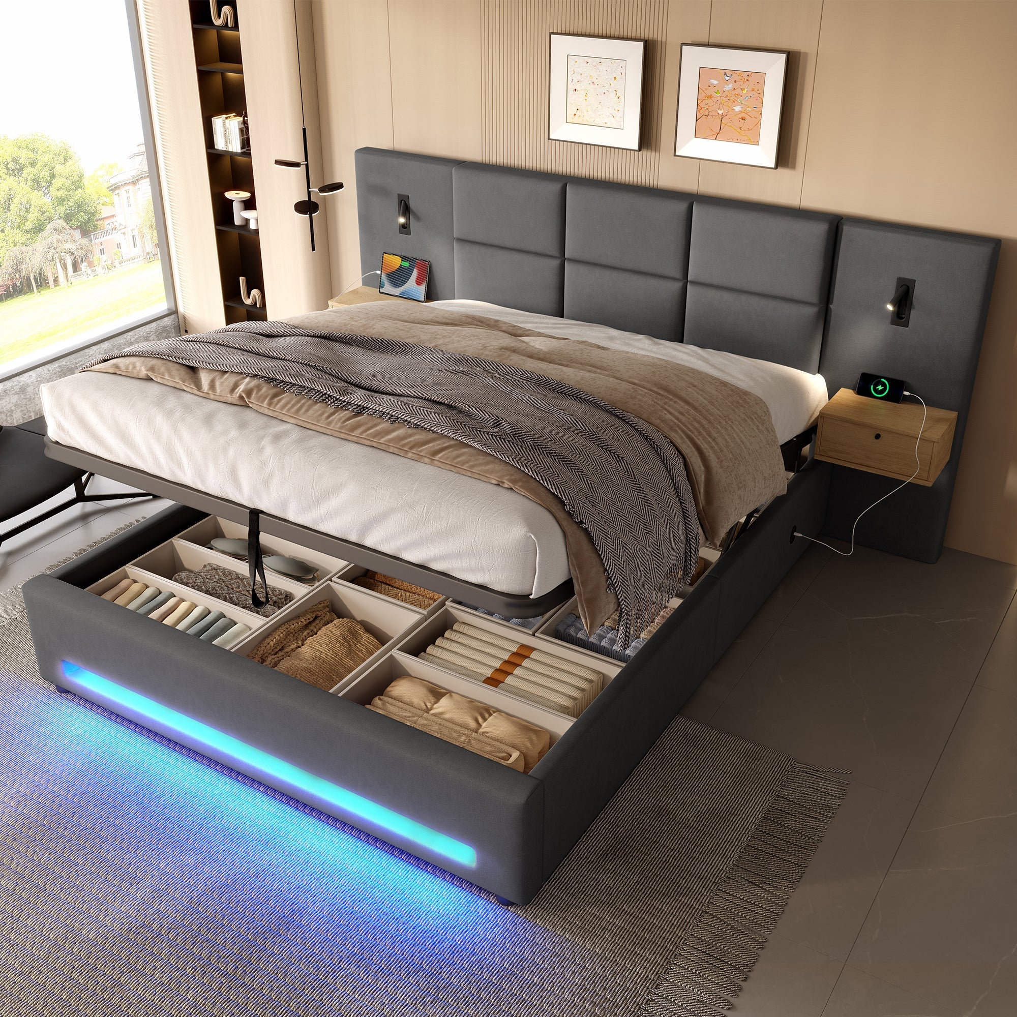 European Upholstered Bed 180x200cm Storage LED USB-C Velvet