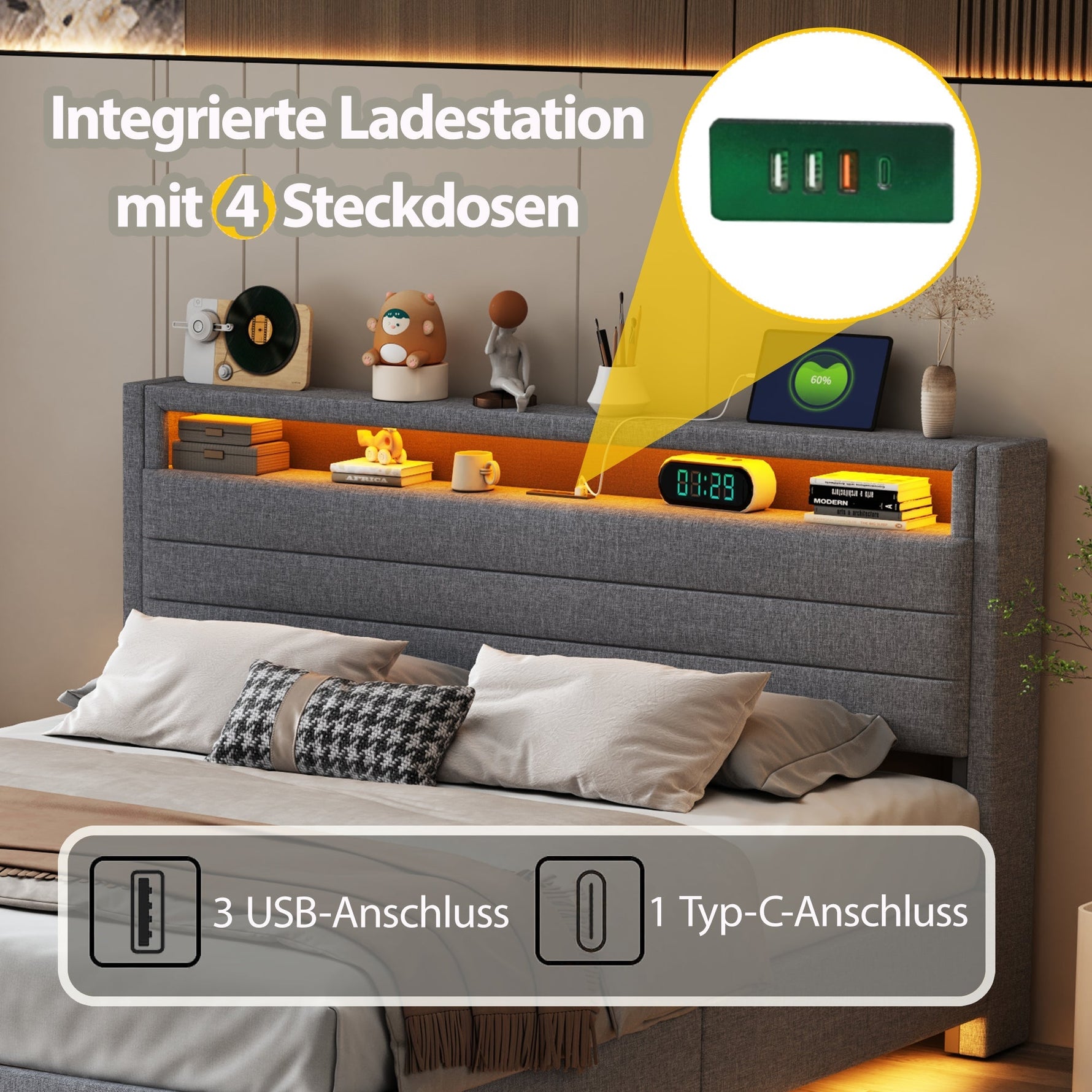 Upholstered Bed 160x200 cm, Hydraulic Floating Frame with Storage, USB & LED, Linen Grey