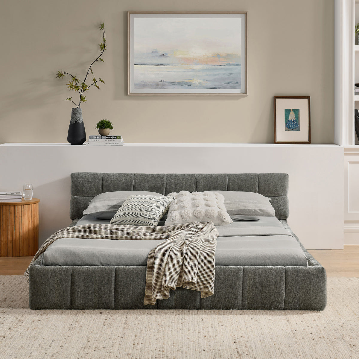 Double Bed 140x200cm Square Quilted, Dark Grey Chenille