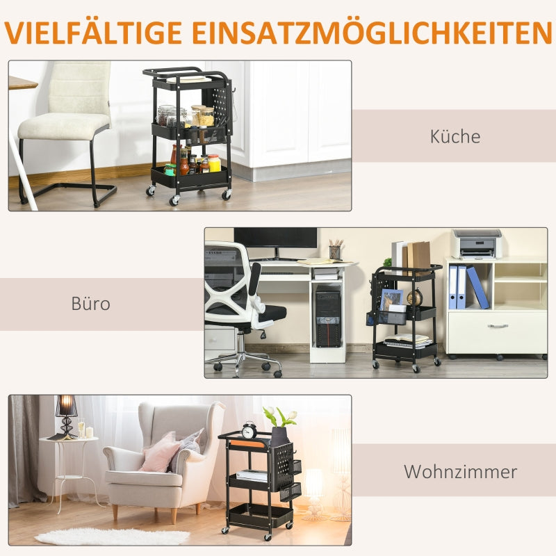 Kitchen Trolley with Perforated Board & Towel Holder, Storage Baskets, Black