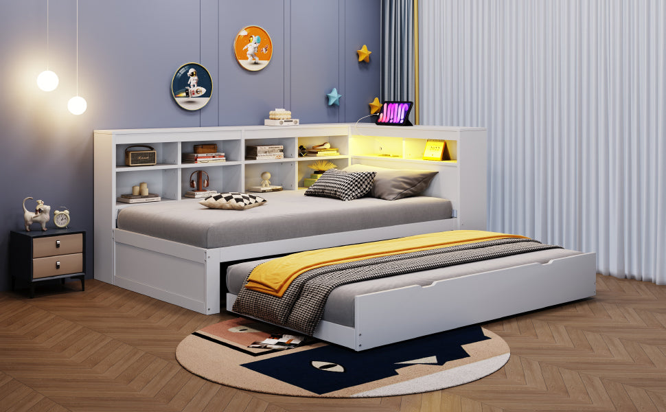 Solid Wood Sofa with Pull-Out Bed, USB & LED, White