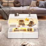 Coffee Table, 80x80x45cm Height-Adjustable Storage LED Lights Tempered Glass, White