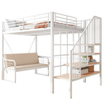 Bunk Bed with Removable Sofa, Storage and Safety Stairs, 140x200cm, White Metal