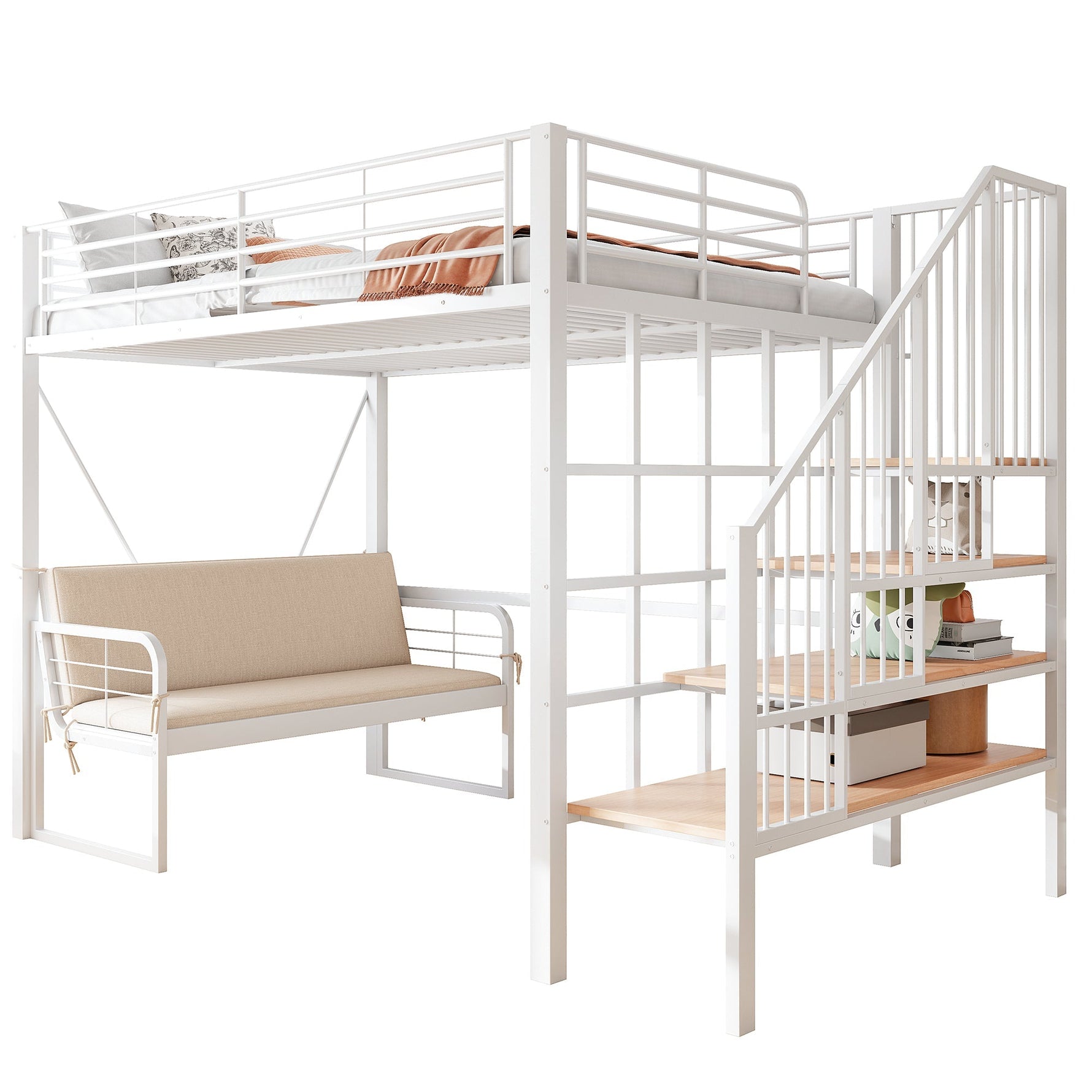 Bunk Bed with Removable Sofa, Storage and Safety Stairs, 140x200cm, White Metal