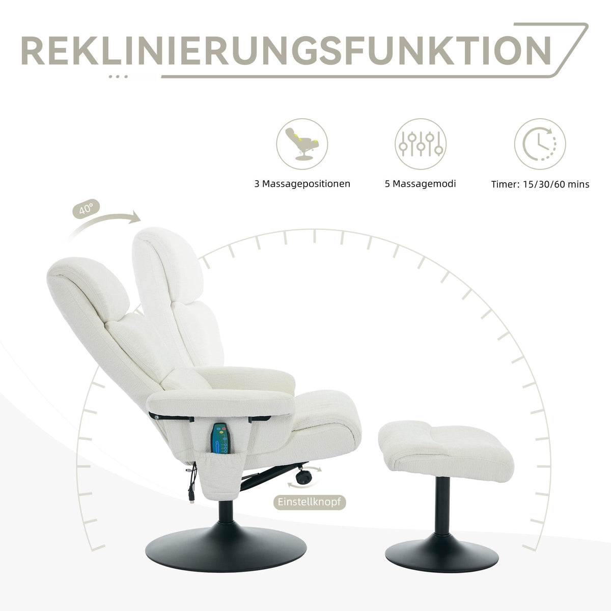 023 Recliner Chair, 5-Point Massage, Electric Heat, Footstool, 360° Swivel, Chenille Fabric White